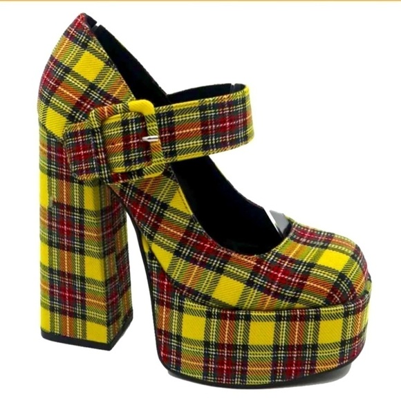 01-Yellow plaid block high heels Mary Jane. - Picture 1 of 5